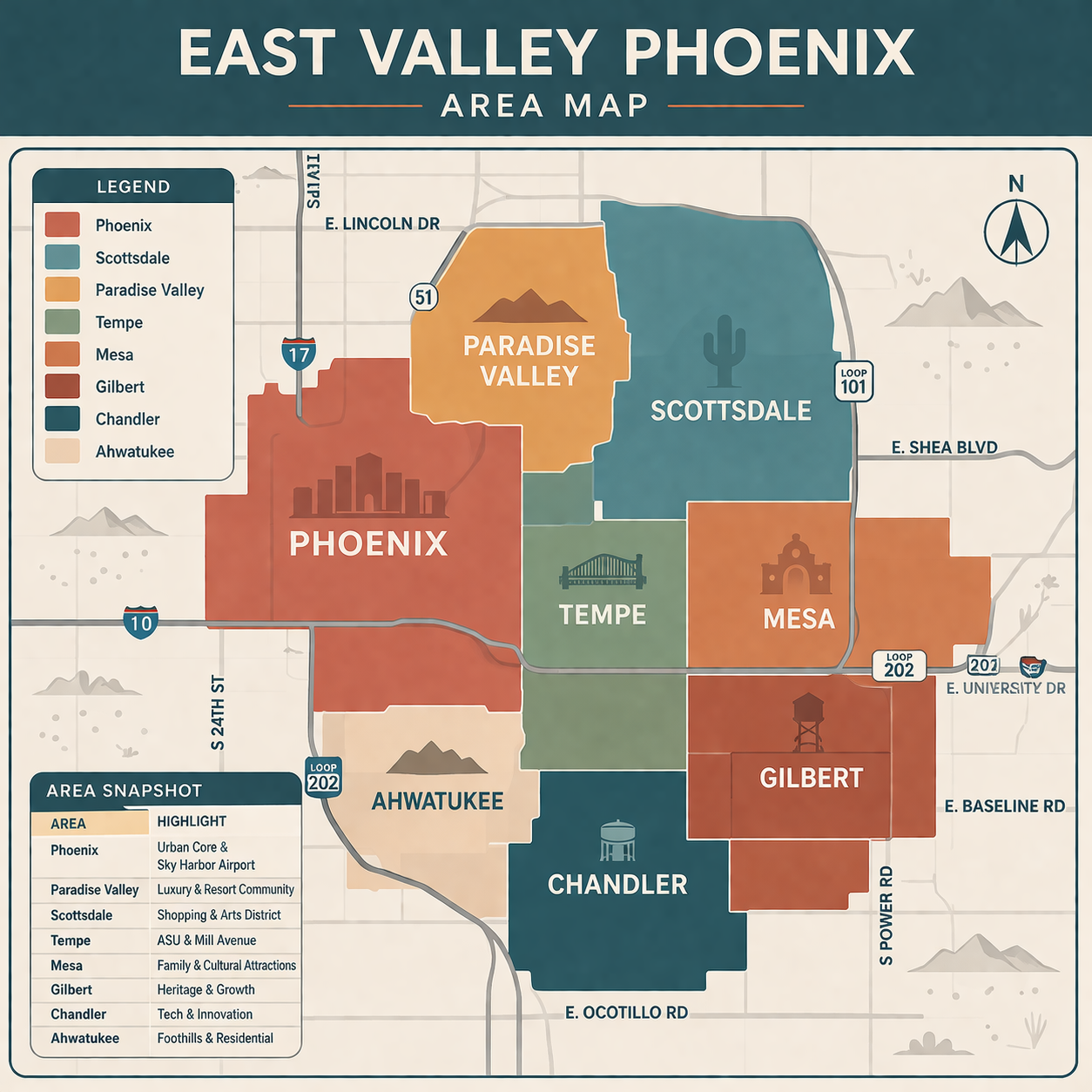 Andale Advertising service area map of Phoenix, Scottsdale, Gilbert, Tempe, and Mesa Arizona